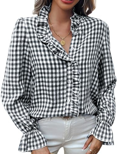 MINTLIMIT Womens Plaid Blouse Peasant Button Down Ruffle Neck Plaid Puff Long Sleeve Gingham Blouse Shirts Black
