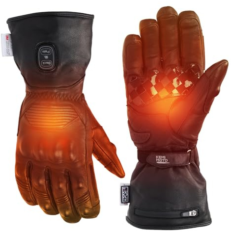 KEMIMOTO Beheizbare Motorrad Handschuhe Winter, Vollfinger Ziegenleder mit rutschfesten Pads, Lammleder Touchscreen Lederhandschuhe für Herbst und Winter, Outdoor, Motorrad, Fahrrad, Herren und Damen