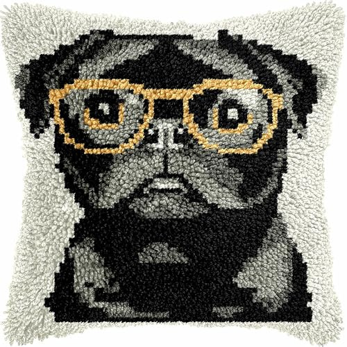 Latch Hook Cushion Kits for Adults Pugs Dog Glasses Black Puppy Cute Rug Cover Pillowcase Kids Beginner DIY Needlework Embroidery Kits Handmade Set Craft Sofa Home Decor 43x43cm,1pcs