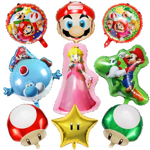 9 Stück Super Bro Geburtstagsdeko Folienballon Set, Cute Kindergeburtstag Deko, Cartoon Luftballons Geburtstag Dekoration Set für Kinder Jungen Mädchen
