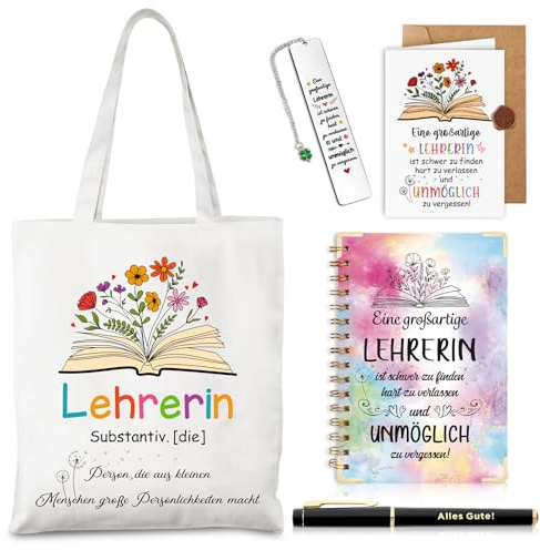 TUZELIYA Dankeschön Geschenke für Lehrer inkl. Baumwolltasche, A5 Notizbuch, Stift, Lesezeichen, Grußkarte mit Umschlag - Abschiedsgeschenk Lehrerin, Beste Lehrerin Geschenk