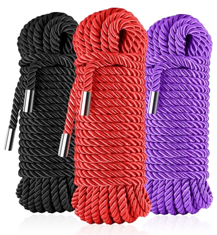 Soft Silk Tying Rope - Skin-Friendly Shiny Colored Nylon Binding Ropes, Durable Multi-Purpose Satin Braided Twisted Decorative Cord, Thickness 8MM, Each 32-Foot Long (Black Red Purple)