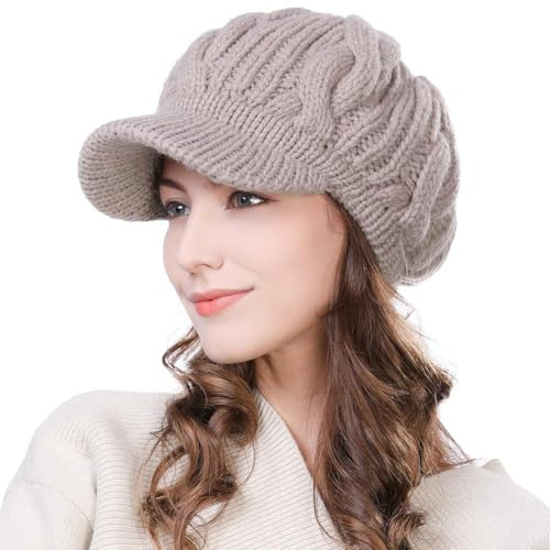 Fancet Merinowolle Wintermütze Damen Strickmütze mit Schirm Warme Beanie