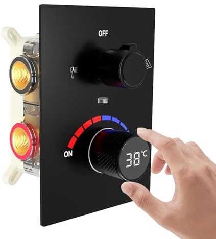 GETSHOWERSET 3 Way Concealed Thermostatic Shower Mixer Valve Matte Black | Brass, Temperature Display Digital Shower Diverter Valve, 3 Outlets, Rough-in and Rectangle Bath Trim Kit, Triple Function