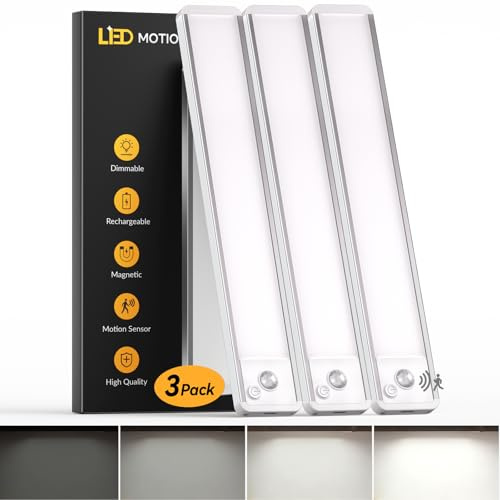 LED Detecteur de Mouvement Interieur(Lot de 3), Super Lumineux 6000K Reglette LED Cuisine, Batterie Longue Durée 2200mAh, 30CM, Rechargeable, Dimmable, Magnétique Sans Fil Lampe Placard | Étagère