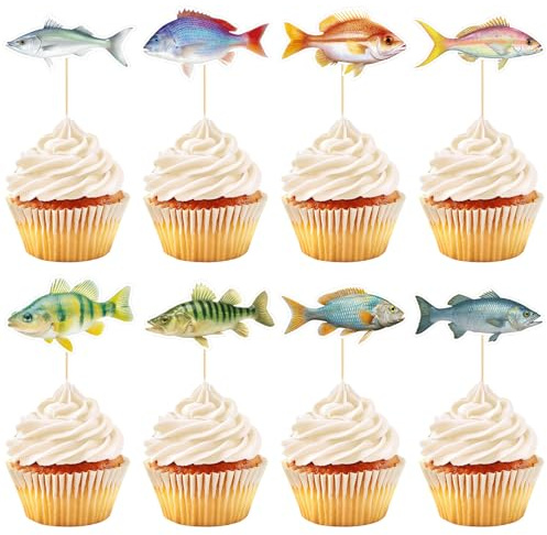 Hooqict 40Pcs Gone Fishing Cupcake Toppers Fish Birthday Cake Topper Decorations Cupcake Picks for Fishing Theme Party Decorations Baby Shower Summer Under The Sea Party Supplies