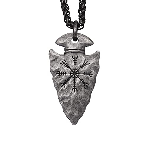 Hanary Collana vichinga da uomo, elmo vichingo dello spavento protezione punta di freccia talismano collana con ciondolo catena di grano, gioielli vichinghi regalo