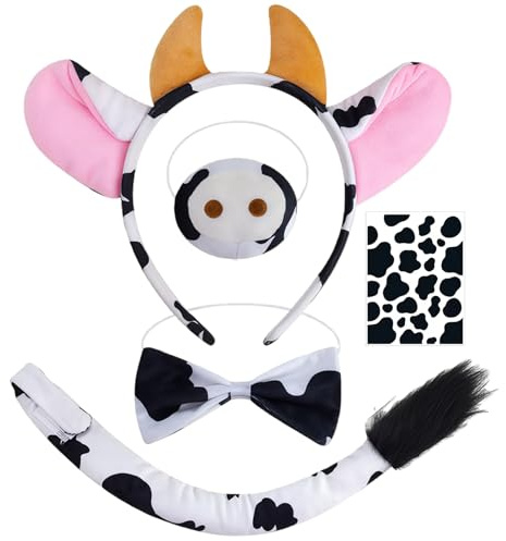 AYNKH 5 Stück Kuh Kostüm Set,kuh ohren Haarband,Stiernase,Fliege,Stierschwanz,Kuhaufkleber,Kuh Kostüm Kinder & Erwachsene,Kuhkostüm Zubehör für Halloween Kostüm Fasching Cosplay Party