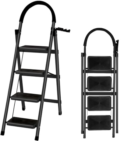 Folding Step Ladder, 4 Step Ladder, Black, 150KG Max Capacity | Durable Steel Frame, Non-Slip Steps, with Curved Handle, Anti Slip Feet, Home Use, Easy to Store