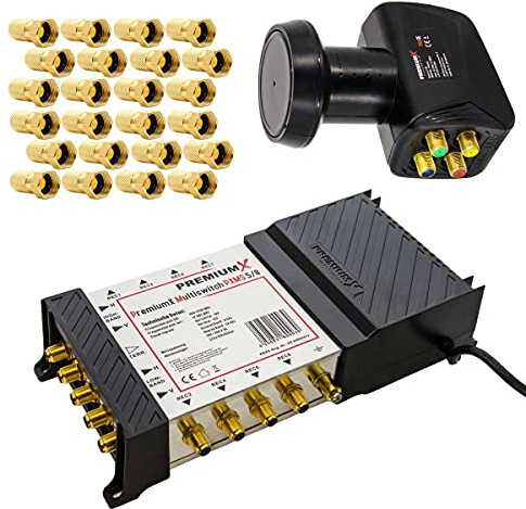 Premium X Multischalter Set PXMS 5/8 Multiswitch mit Netzteil für 8 Teilnehmer mit Quattro LNB 3D 4K UHD 8K und 24 F-Stecker