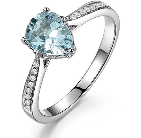 Einzigartig Damen Schmuck Solide 14K (585) Weißgold natürlich Aquamarin Diamant Verlobungsringe Versprechen Hochzeit Ring