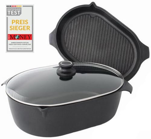 AMT Gastroguss 3er-Set Bräter, bestehend aus Bräter, Gußbräterdeckel mit Grillboden & Glasdeckel, 42 x 28 cm, nicht induktionsgeeignet, Lotan® Antihaft-Veredelung, Gusspfanne (Aluguss), AMZN-4228-Set