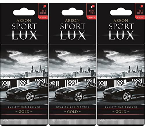 AREON Sport Lux Gold – Deodorante per auto da appendere in cartone per auto, casa e ufficio, profumo di colonia premium con fragranze naturali, fresco e lussuoso, confezione da 3