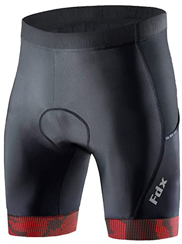 FDX Cycling Shorts Men's - 3D Anti-Bac Padded All Day Bike Shorts with Powerband Leg Grippers, Side Pockets - Breathable, Quick Dry, Anti-Slip Hi-Viz Bicycle Tights, Biking Half Pants (Red - M)