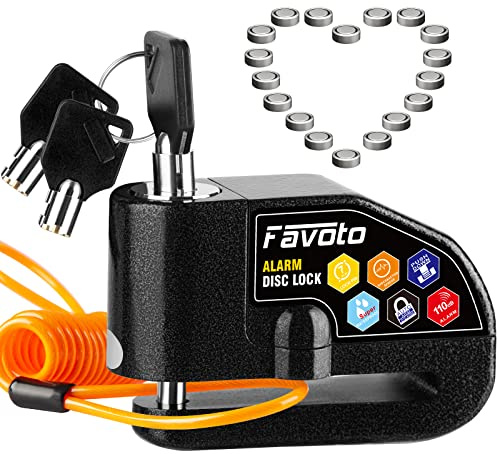 Favoto Alarm Disc Lock, 3 Keys and 18 Batteries (5-Year Availability), 110 dB Waterproof Anti-Theft Security Brake Padlock, 7mm Lock Pin with Reminder Cable, Fit for Motorcycle E-Bike Bicycle Scooter
