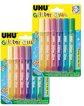 UHU Glitter Glue, Glitzerkleber zum Basteln in Tube mit feiner Dosierspitze, 6 x 10 ml (Glitter Glue - Shiny | 2 Packungen)