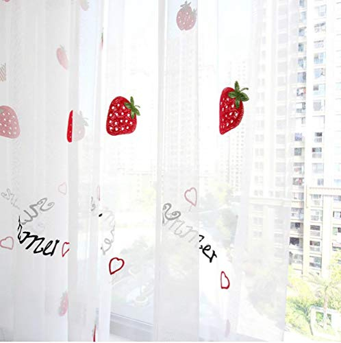 Lsimeru 2 Stück Weiß Vorhänge Durchsichtig Kinderzimmer Mädchen 225x140 Erdbeere Blumen Muster Tüll Gardinen Vorhänge Transparent Fensterschal für Kinder Baby