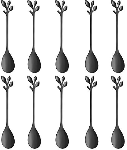 AnSaw Leaf Handle Demitasse Espresso Spoons,4.7 Black Mini Coffee Spoons,Stainless Steel Small Spoons,Tea Spoons for Dessert, Set of 10