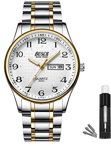 BOSCK Montre Homme, 40 MM Analogique Etanche Affaires Inoxydable Montres Hommes Bracelet Acier, avec Date et Jour Lecture Facile Anti Rayure de Mode Montre pour Homme, Gold-Silver