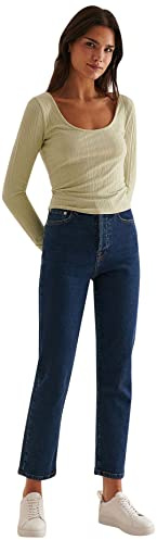 NA-KD Jeans Rectos de Cintura Alta para Mujer, Color Azul Oscuro, Talla 4, Azul Oscuro, 32