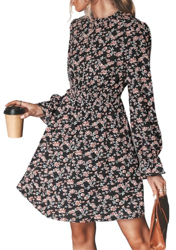 CUPSHE Women's A-Line Mini Dress Flowy Swing Ditsy Floral Print Long Sleeve Round Neck Smocked Fall Party Casual Dress Black S