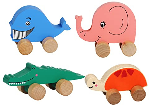 TOWO Coches de Madera para niños pequeños - Animales sobre Ruedas - Vehículos Juguete de Habilidad motora de Agarre sensorial - Primeros Camiones Push and Go para bebés de 12 Meses 1 año de Edad
