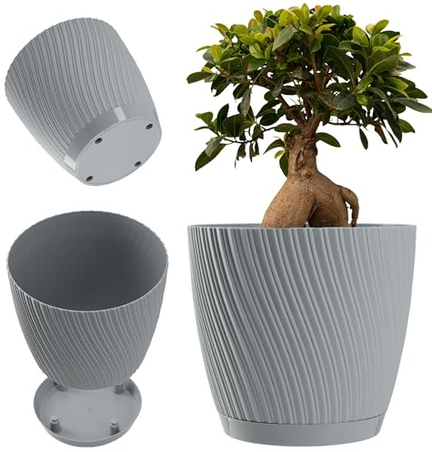 KADAX Pot de fleurs avec soucoupe - En forme de vague tridimensionnelle - En plastique - Pot décoratif pour fleurs, cactus et herbes - 17 cm - Gris