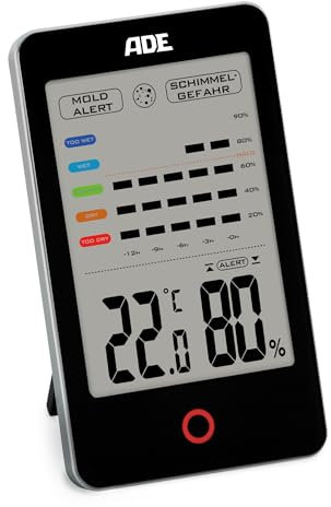 ADE Digitales Hygrometer innen mit Schimmelalarm | Feuchtigkeitsmessgerät mit Thermometer | Temperatur und Luftfeuchtigkeitsmesser | großes LCD-Display | schwarz
