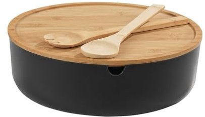 Möbel Jack Salat-Set Salatschüssel mit Besteck und Deckel | Kunststoff | Holz | Schwarz | Ø 30 cm