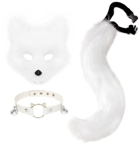 Hbbhml Fuskpäls räv mask varg katt fluffig svans och läder halsband set halloween fest cosplay kostym tillbehör