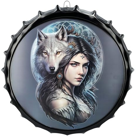 Figuren Shop GmbH Blechschild Kronkorken Wolf & Fantasy-Kriegerin 42 cm - Wand Deko Schild Metallschild Gothic Blech Metall