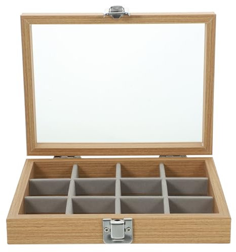 Amosfun - Caja de joyería de madera con compartimentos de tapa transparente, almacenamiento práctico portátil para el hogar, 12 cajas para collares y pulseras