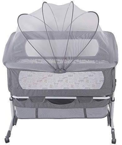 Willonin Kinderbett, Beistellbett mit Matratze, klappbare Seite, verstellbare Höhe, Netzfenster, Räder, multifunktional (92 x 58 x 70-87 cm, grau), MZ0306-02