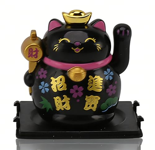 Cyrank Lucky Beckoning Cat, Japanese Maneki Neko Lucky Cat Waving Arm Cute Chinese Cat Small Solar Waving Cat for Home Car Decoration(Black)