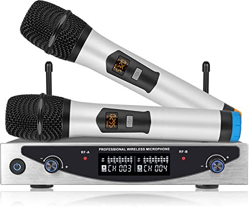 YGiTK Microphone sans Fil Microphones à Double Canal à Fréquence Fixe UHF Ensemble de Micro Haute Définition avec Récepteur Rechargeable pour Karaoké, Discours, Fête, Église, Classe, DJ