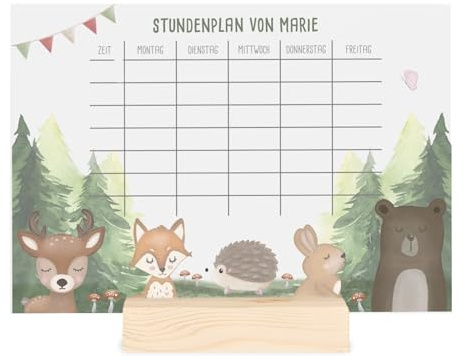 Stundenplan mit individuellem Motiv & Namen, abwischbar, Geschenk zur Einschulung - optionaler Holzaufsteller, DIN A4 mit Stift (Waldtiere transparent)