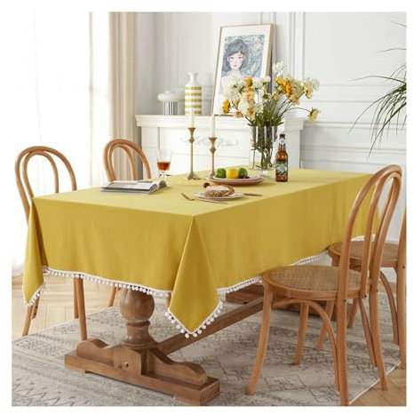 BCughia Tischdecke 120x120 Gelb, Tischdecke Abwaschbar Couchtisch Quadratisch Baumwolle Spitze Einfarbig mit Samt Kugel Tischtuch für Indoor, Outdoor, Essen, Küche
