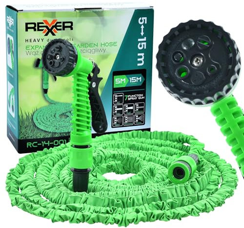 REXXER Dehnbarer Gartenschlauch 5-15 m - Flexibler Wasserschlauch mit 7 Sprühfunktionen - Gartenschlauch flexibel - Inkl. Adapter 1/2 & 3/4