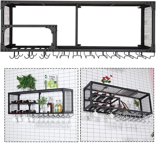 sjdoPulse An Der Wand Montierter Hängender Weinflaschen-Glashalter, Weinschrank Mit Hoher Kapazität Und Metallgitter, Wandregale Für Weingläser Und Kelche, Weinaufbewahrungshalter,100×30cm×40cm
