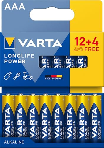 VARTA Batterien AAA, 16 Stück (12+4), Longlife Power, Alkaline, 1,5 V | Micro-Batterie LR03, Made in Germany, bis 10 Jahre lagerfähig, für Spielekonsole, Zahnbürste, Maus oder Controller
