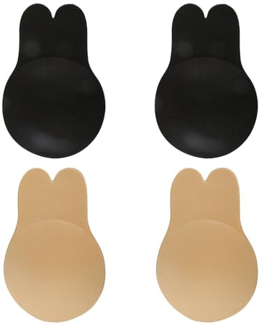 Tabanzhe 2PCS Sticky Invisible Lift Up Nipple Covers Rabbit Ears Women Adhesive Bra Pads Strapless Backless Lifting Breast Bra Pads (Black+Skin)