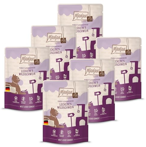 MjAMjAM - Cibo umido premium per gatti - Quetschie Puro godimento di carne - delizioso cinghiale puro, confezione da 6 (6x300g), senza cereali