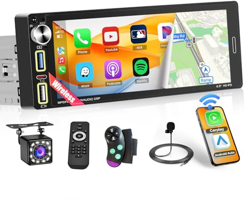 Inefala Autoradio 1 DIN avec USB & Type-C Wireless CarPlay Android Auto Mirror Link, 6,9 Pouce Écran Tactile Poste Radio Voiture Bluetooth avec FM/RDS Radio SWC MIC Camera de Recul