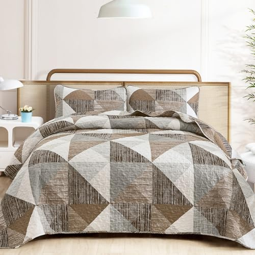Dintszyayue Quilt Queen Size Brown, 3 Pieces Patchwork Bedspread Bedding for Queen Size Bed, Soft Lightweight Microfiber Geometric Coverlet Set for All Season Quilt with 2 Pillowcases