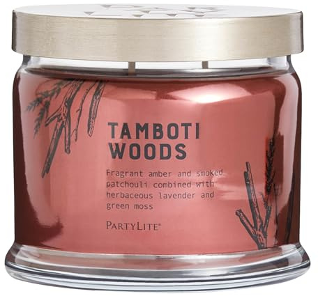 PartyLite Tamboti Woods Duftwachs, Noten von exotischem Amber, Patschuli, Lavendel & grünem Moos, 375 g 3-Docht-Glaskerze, 45 Stunden Brenndauer, luxuriöser Duft, perfekt zum Verschenken