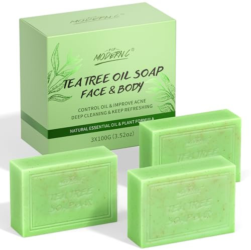 Tea Tree Oil Soap Bar, Natural Bath Soap for Skin Fungus, Face cleanser with Peppermint and Coconut Oil, Refresh, Removes Sweat and Odor, Body Wash for Itch, Acne, Athlete's Foot, Folliculitis, 3x100g