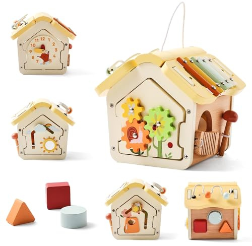 Youuys Montessori - Cubo motorio in Legno Montessori, Giocattolo a Partire da 1 Anno 10 in 1 (Giallo)