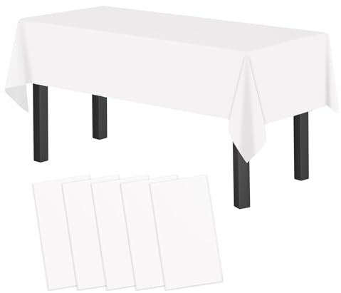 5pcs 137x274 cm Einweg Kunststoff Tischdecke Party Set-Weiß | Wasserdichte rechteckige Tischtücher für Geburtstag, Hochzeit, Garten, Picknick, Feste und Dekoration