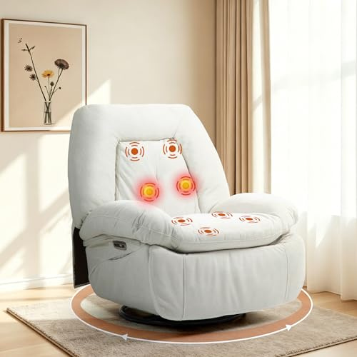 ALEAVIC Sillón de Relax eléctrico de Masaje,calefacción, vibración, Masaje, sillón Giratorio, con Puertos Tipo C y USB, 1 Bolsillo Lateral, sillón reclinable para TV, salón (Blanco)