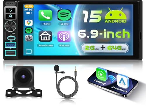 VECHTEL 2G+64G Android 15 Autoradio 1 Din con Carplay Android Auto senza Fili, 6.9’’ HD IPS Schermo Tattile Stereo Auto Supporto Bluetooth Radio FM RDS GPS Wi-Fi Mirror Link 2USB Type-C Telecamera
